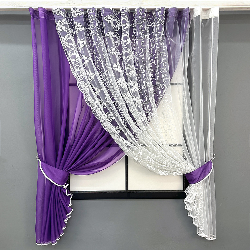 Кухонні шторки VR-Textil № 101к з підв'язками фіолетовий з білим 330х170 см (52-1199) Київ - фото 1
