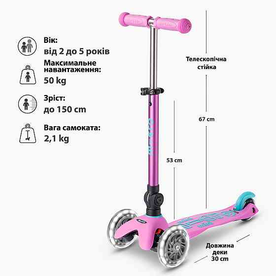 Самокат MICRO складний серії Mini Deluxe Foldable LED – Лавандовий Днепр