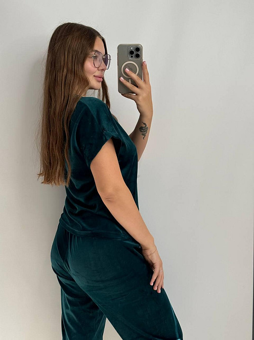 Пижама женская футболка+шорти+штаны из плюш-велюра Изумрудный L Харьков - изображение 3