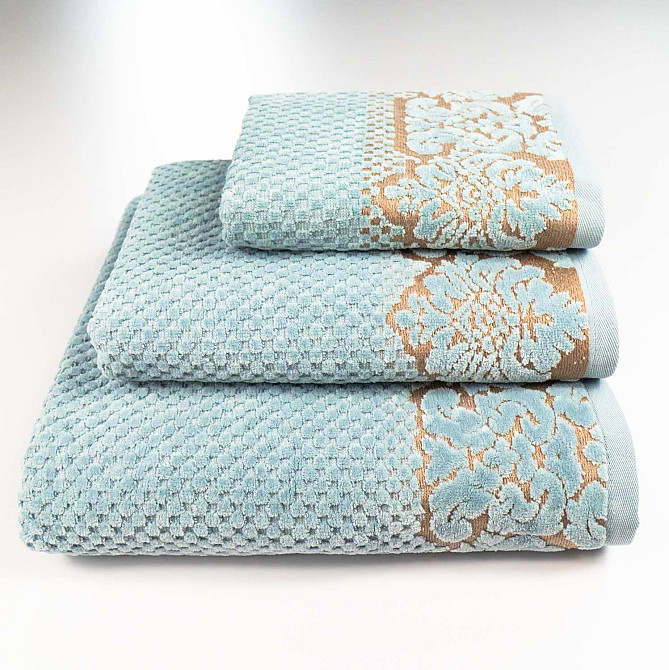Комплект махровых полотенец 3шт 40x70см, 50x90см, 70x140см Damask Премиум качества Жаккардовое с велюром (Мятный) Сумы - изображение 1