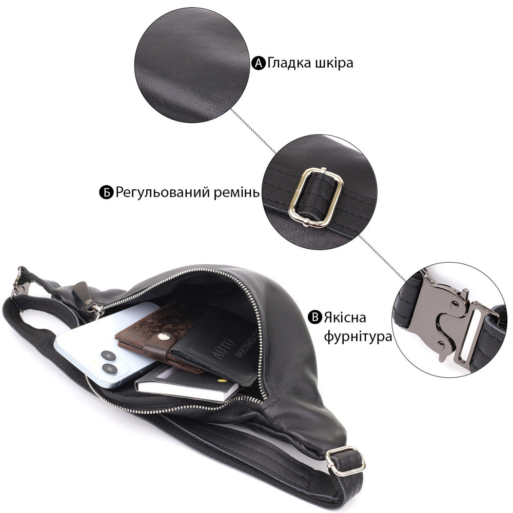 Зручна чоловіча бананка відмінної якості з гладкої натуральної шкіри Чорний (SHVIGEL) Київ - фото 7