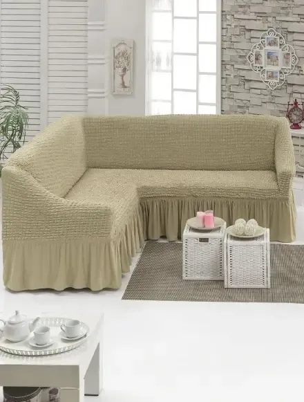 Серый Турецкая накидка на угловой диван с оборкой, натяжной чехол на диван Коломыя - изображение 4