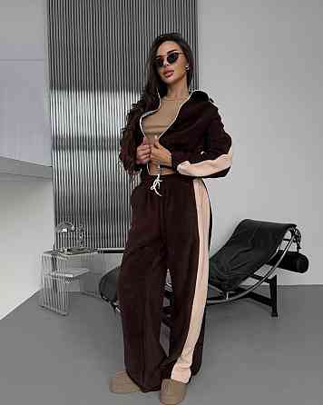 Жіночий теплий повсякденний костюм із лампасами, двобічний фліс Шоколад Одеса