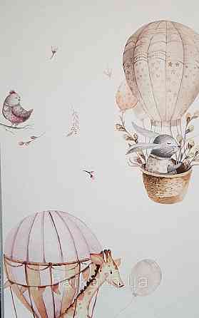 Шпалери флізелінові еко Rasch Kids World 0.53х10 дитячі повітряні кулі жирафи зайці птиці рожеві коричневі Київ