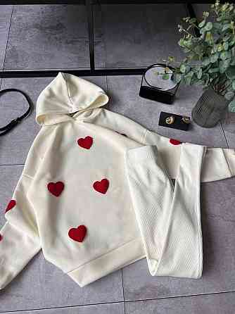 Жіночий теплий прогулянковий костюм двійка з сердечками трьохнитка на флісі + ангора рубчик Одеса