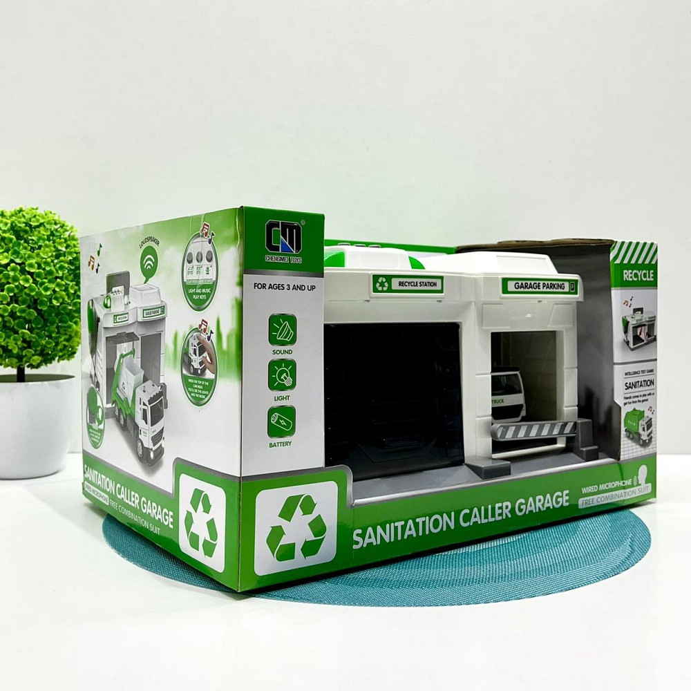 Гараж з машинкою Chengmei Toys Сміттєвоз із контейнером зі світловими та звуковими ефектами Біло-зелений (CLM-552) Чернігів - фото 3