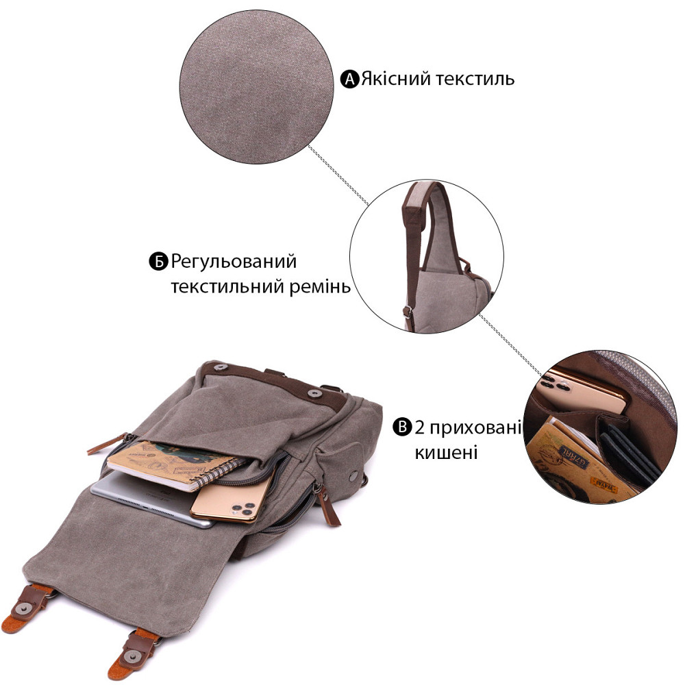 Оригінальна сумка через плече із щільного текстилю Сірий (Vintage) Київ - фото 8