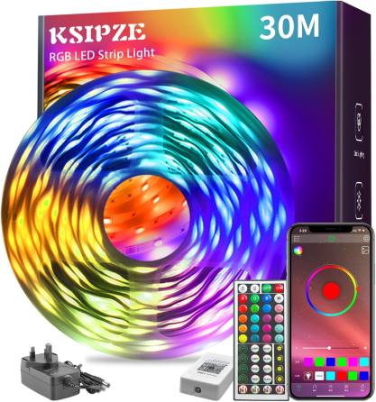 Світлодіодна LED-стрічка KSIPZE RGB 30 м, Bluetooth, 16 млн кольорів, музична синхронізація, керування з телефона та пульта, тайме Київ