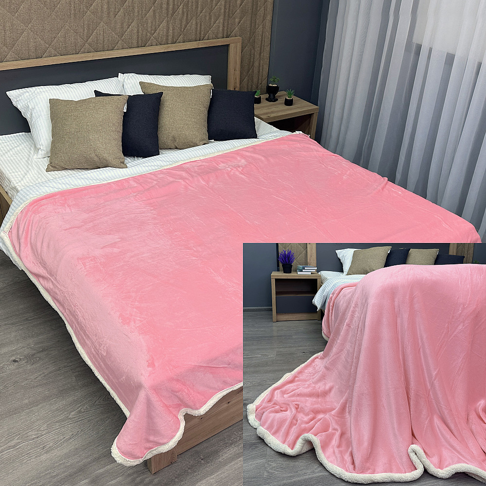 Плед двосторонній 155х200 см (+-5см) із штучною овчиною Рожевий з білим (87-061) Київ - фото 1