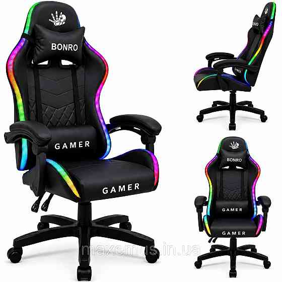 Компьютерное геймерское кресло Bonro Gamer B-149 Черное с LED-подсветкой (Игровое кресло) Мостиська