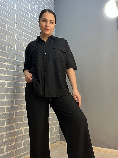 Костюм женский Mix Ray 4218 ткань жатка рубашка на пуговицах карманы и широкие брюки на резинке черный, черный, L Киев - изображение 4