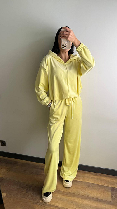 Жіночий стильний костюм-трійка: кофта топ і штани велюр плюш Лимонний, 44/46 Одеса - фото 8