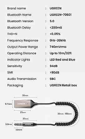Bluetooth-адаптер Ugreen 70601 Bluetooth 5.0 автомобильный AUX с микрофоном CM309 (Серый) Николаев