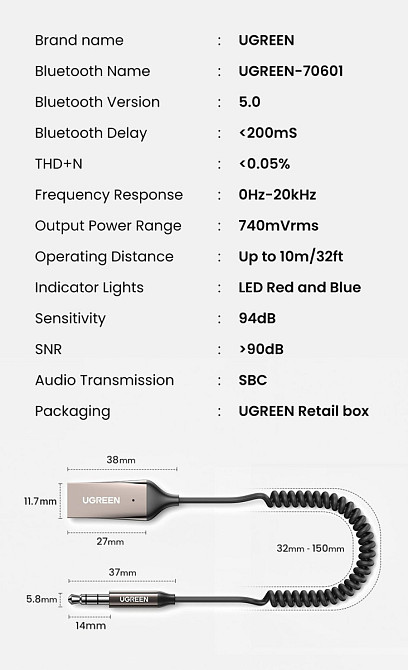 Bluetooth-адаптер Ugreen 70601 Bluetooth 5.0 автомобильный AUX с микрофоном CM309 (Серый) Николаев - изображение 4