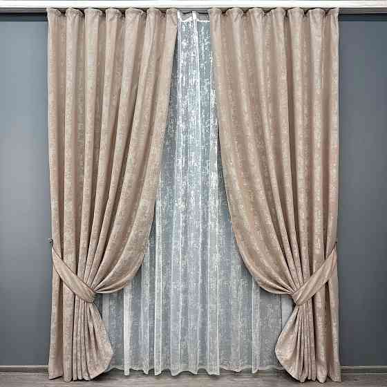 Комплект штор VR-Textil Жаккард Мрамор 150х270 2шт и Тюль 400х270 1290ш-1400т Бежево-пудровый с белым 71-120/3 Киев