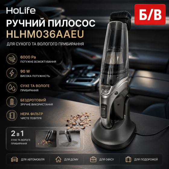 Автомобільний ручний пилосос HoLife HLHM036AAEU 90W, 6000Pa, бездротовий, для сухого та вологого прибирання Б/В Київ