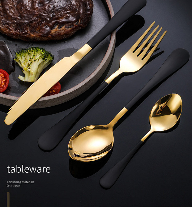 Набор столовых приборов 24 шт х 6 персон Подарочные Нержавеющая сталь Золотые с черной ручкой большая Коробка Кременчуг - изображение 3