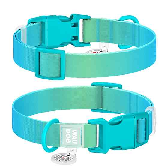 Нашийник для собак з нейлону WAUDOG Nylon Recycled з QR паспортом, градієнт, пластиковий фастекс, M, Ш 20 мм, Дов 28-40 см, блакитний Київ