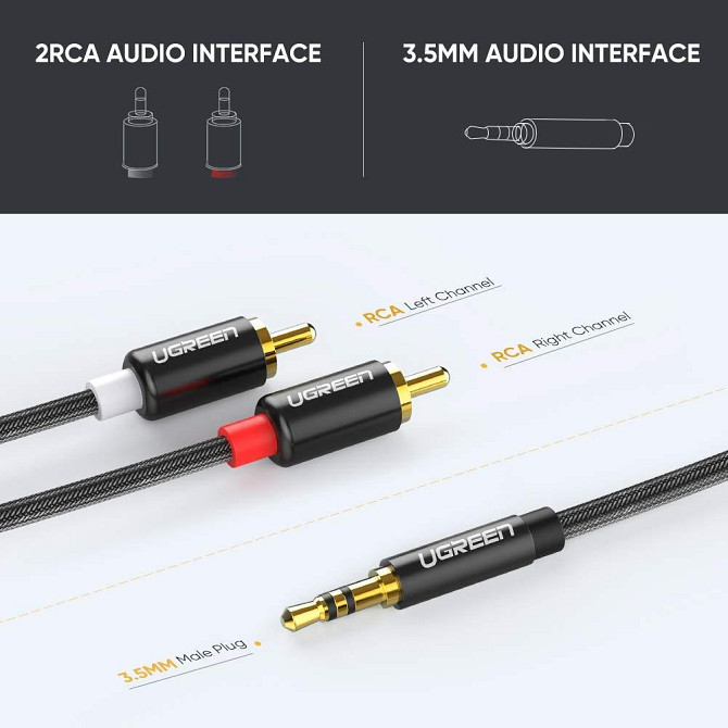 Аудіо кабель 2 RCA Jack 3.5 AUX Hi-Fi Ugreen AV116 (Чорний з сріблястим, 1м) Николаев - изображение 8
