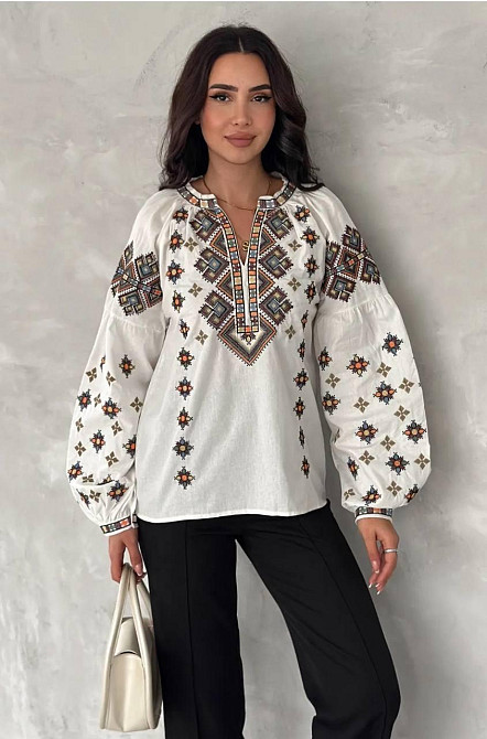 Женская современная вышиванка с объемным рукавом домотканый лен Белый, 50 Одесса - изображение 1