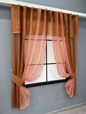 Кухонные шторы VR-Textil № 090к с ламбрекеном и подвязками коричневый с коралловым 280х170 см (52-1163) Киев
