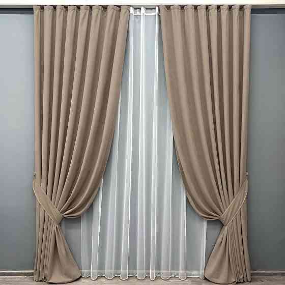 Комплект штор VR-Textil Мікровелюр Petek 150х270 2шт і Тюль 400х270 2018ш-1153т Капучино з білим 71-155/3 Київ