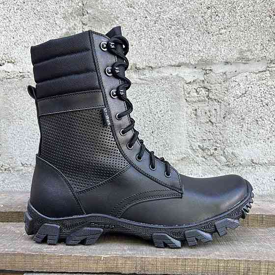 Тактические летние мужские берцы черные, высокие кожаные военные берцы водостойкие, прошитые Львов