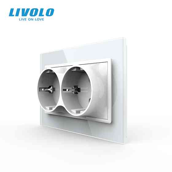 Подвійна електрична розетка в один підрозетник з заземленням LIVOLO, біла, скляна рамка, 250В 16А (VL-C7CTF16A.TF16A-WP) Коломыя
