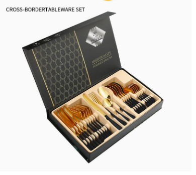 Набор столовых приборов 24 шт х 6 персон Подарочные Нержавеющая сталь Золотые с черной ручкой большая Коробка Кременчуг - изображение 1