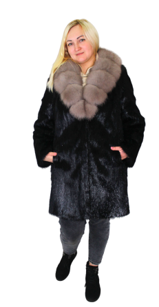 Шуба женская из натурального меха стриженой нутрии с воротником Соболь р 52 длина 90см Черный Харьков