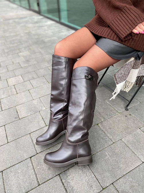 Чоботи з натуральної шкіри жіночі зимові шоколадні C122 / Чоботи на низькому ходу шкіряні р. 36 Коломия - фото 2