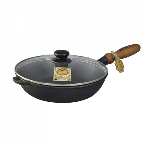 Сковорідка 26*6см скляна кришка з дерев'яною ручкою чавунна лита Т305С3 Майстерня Житомир - фото 1