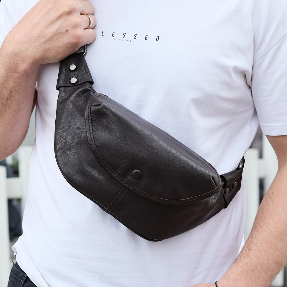 Мужской кожаный рюкзак нагрудный для телефона 14х29х8, сумка бананка для города и отдыха 70101 черная Киев - изображение 2