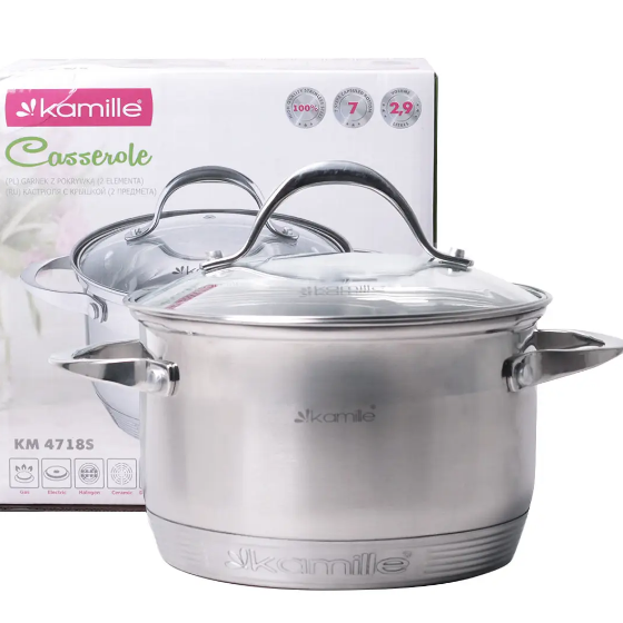 Каструля нержавіюча сталь 2,9л з кришкою 7-шарове дно 4718S KAMILLE Житомир - изображение 1