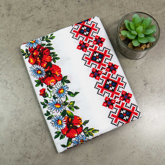Рушник вафельний з принтом вишивки та червоними квітами GM Textile 35х61см 180г/м2 (Різнокольоровий) Суми - фото 5