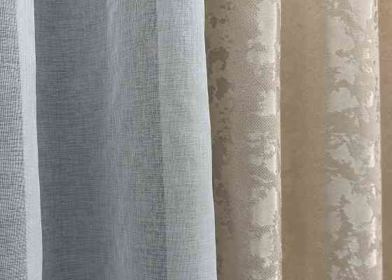 Комплект штор VR-Textil Лен Мрамор 100х270 2шт и Тюль 400х270 1713ш-1276т Айвори с белым 71-010/2 Киев