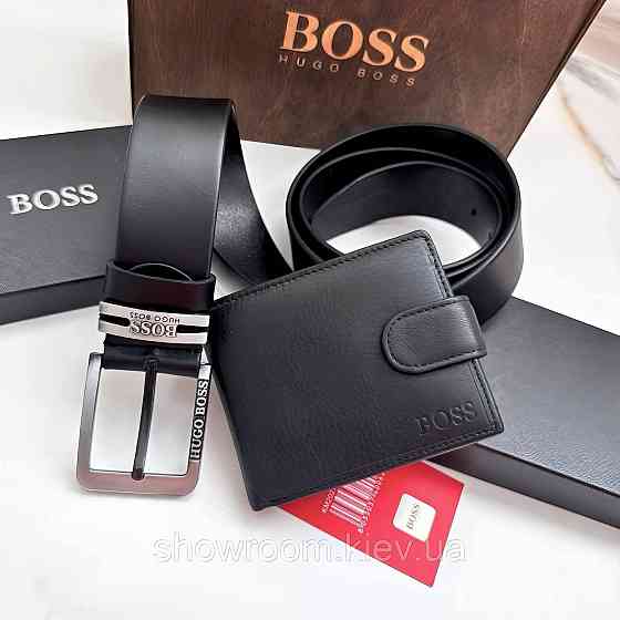Мужской подарочный набор ремень и портмоне в деревянной коробке Boss (202) Киев
