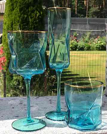 Келих для шампанського "Блакитна Геометрія" 250мл OLGS1001-1 блакитний із золотою облямівкою Київ