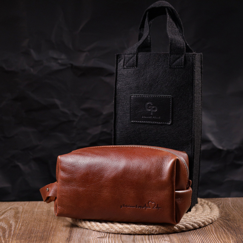 Чоловіча косметичка великого розміру з гладкої шкіри на блискавці Серце GRANDE PELLE 16768 Світло-коричнева Київ - фото 3