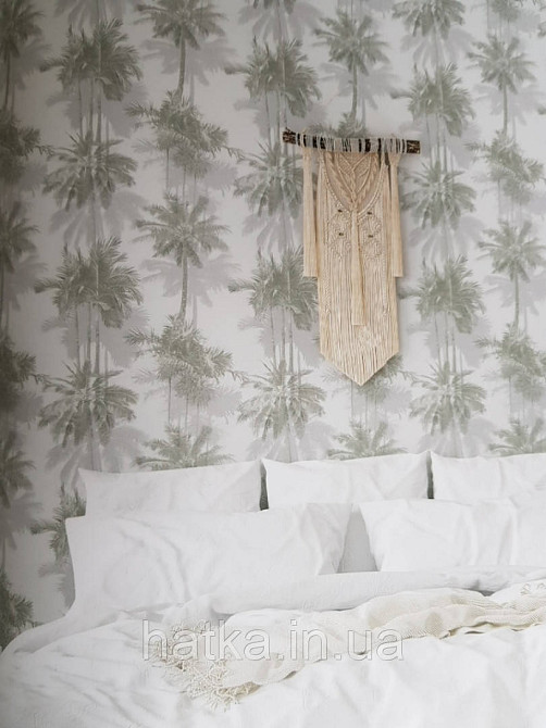 Шпалери вінілові на флізелін Marburg 82205 Giulia пальми дерева гілки листя зелені сірі на білому Київ - фото 2