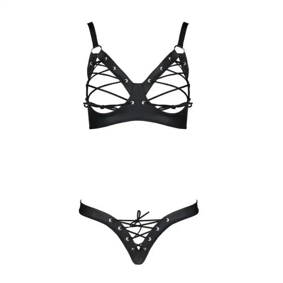 Комплект з екошкіри Passion CELINE BIKINI 4XL/5XL black, відкритий бра, стрінги зі шнурівкою Львів