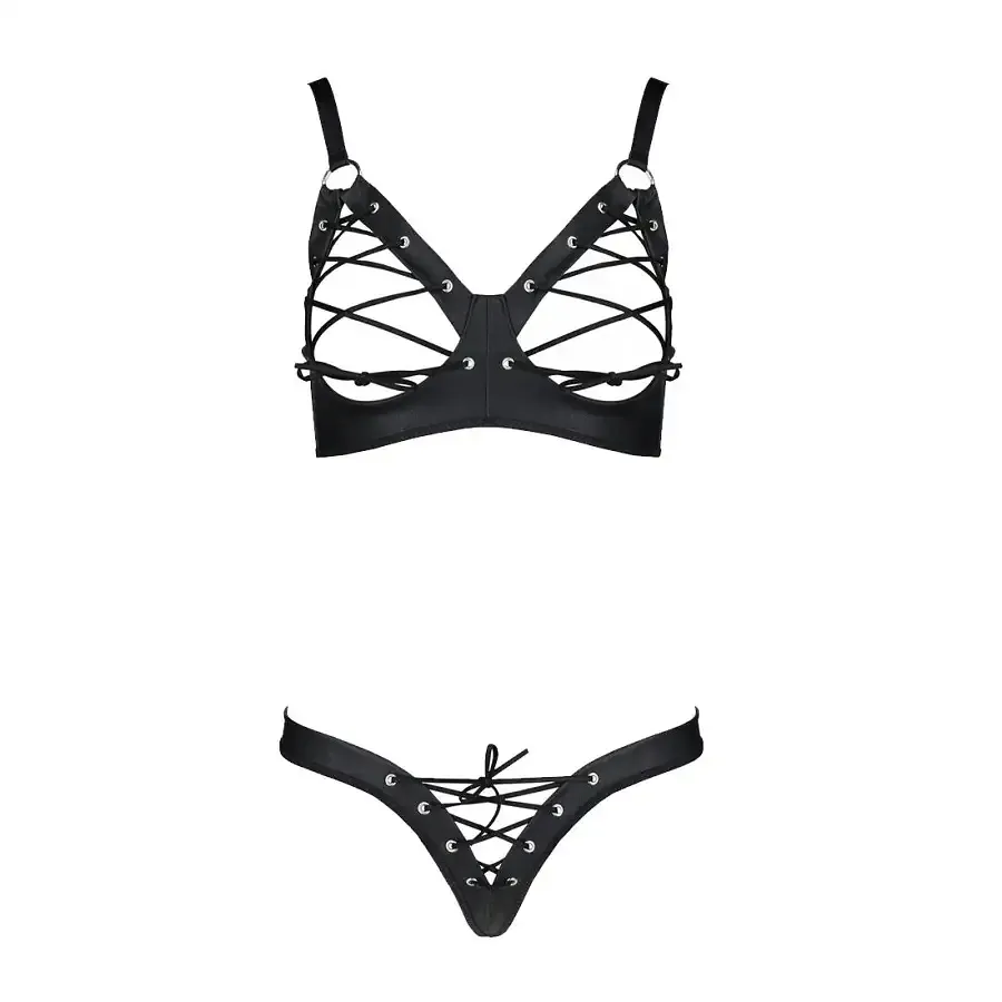Комплект з екошкіри Passion CELINE BIKINI 4XL/5XL black, відкритий бра, стрінги зі шнурівкою Львів - фото 3
