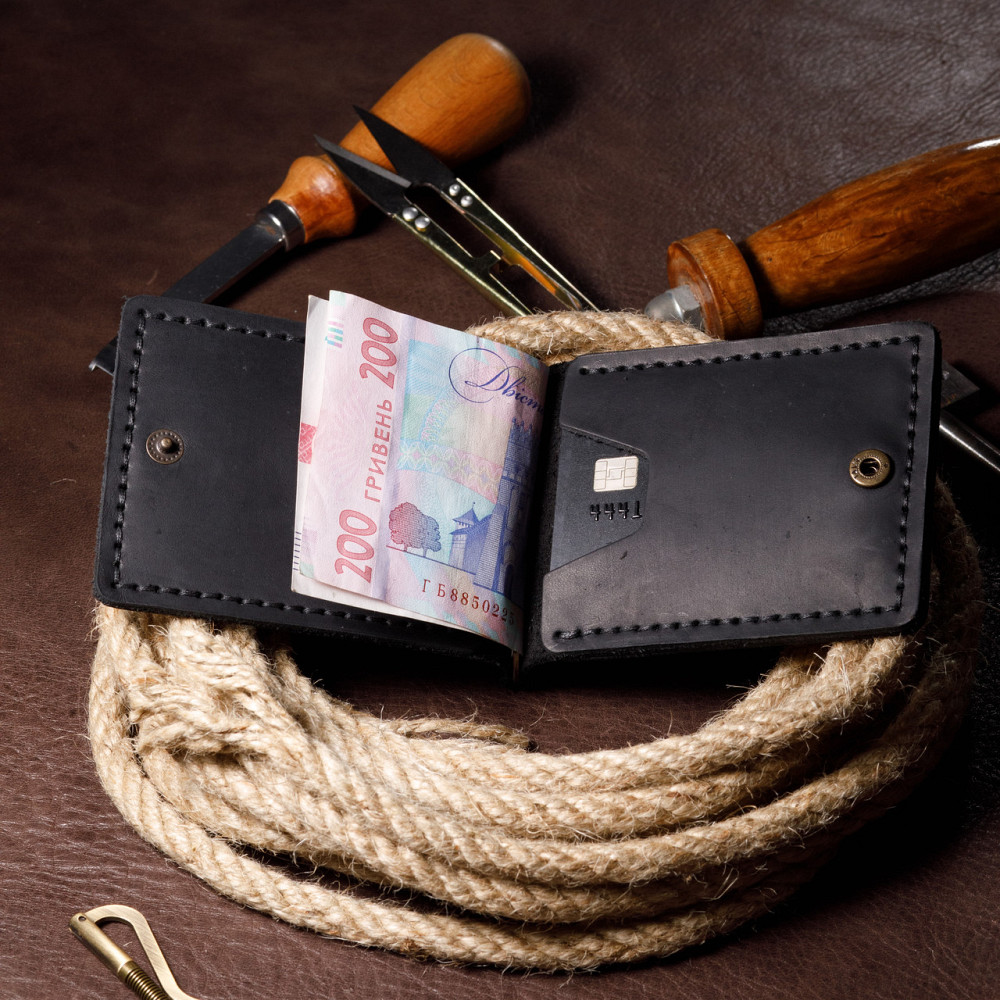 Затискач для грошей чоловічий шкіряний з відділеннями для карт, місткий гаманець ручної роботи, чорнийMasterSem Київ - фото 4