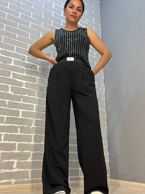 Брюки жіночі 0702 широкі прямі палаццо талія на резинці чорні, чорний, M Київ - фото 14