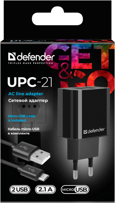 Зарядний пристрій 2xUSB 12W 2.1A UPC-21 +кабель microUSB, чорний Defender Винница - изображение 8