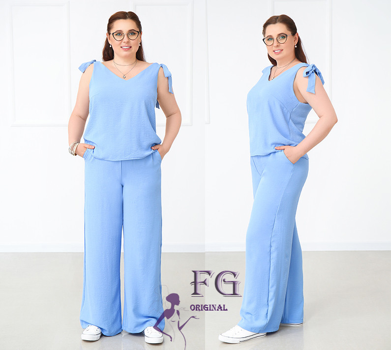 Летний женский костюм с широкими брюками Ясмин батал 52, Голубой Киев - изображение 2