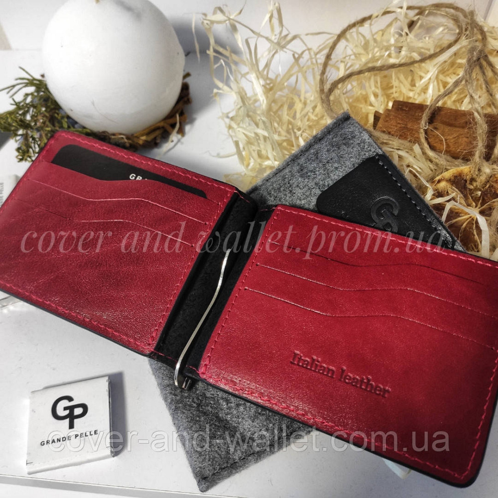 Стильний затискач для грошей та карток з натуральної шкіри червоний з чорним Grande Pelle Onda Київ - фото 1