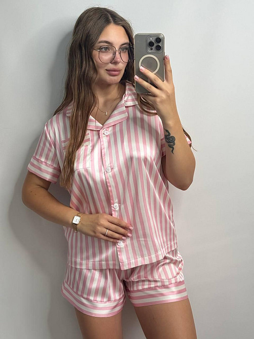 Жіноча сатінова піжама Рожевий смужка M-L Харків - фото 2