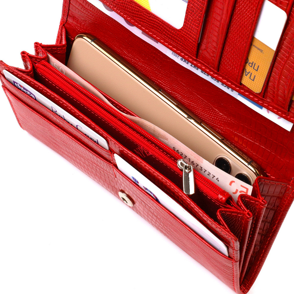 Вместительный женский кошелек из фактурной натуральной кожи с тиснением CANPELLINI 21709 Красный Киев - изображение 6