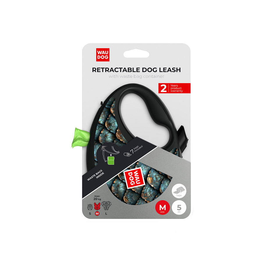 Повідець-рулетка для собак WAUDOG R-leash з контейнером для пакетів, малюнок "Луска", світловідбивна стрічка, M, до 20 кг, 5 м Київ - фото 2